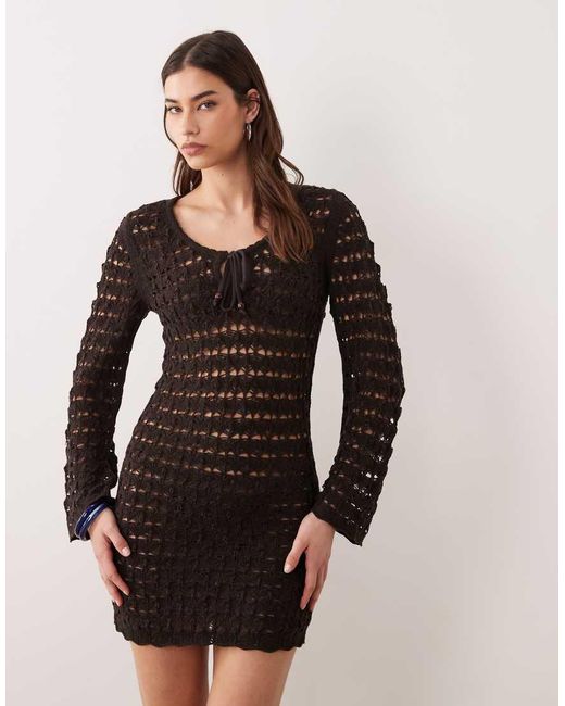 Miss Selfridge Green Crochet Long Sleeve Mini Dress With Keyhole Detail