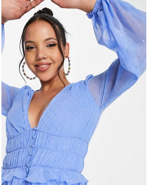 Vestido Corto Abotonado Con Cintura Fruncida Y Falda Plisada De Plumeti Metalizado De Asos Design Tall ASOS de color Blue