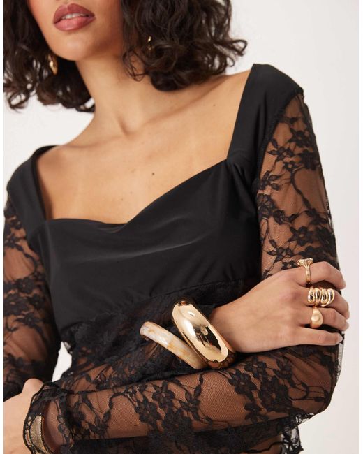 ASOS Black Square Neck Flared Sleeve Layered Lace Top