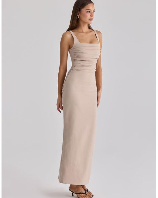 House Of Cb White Calandra Taupe Stretch Crepe Ruched Maxi Dress