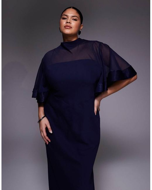 ASOS Blue Asos Design Curve Half Wide Sleeve Column Chiffon And Satin Contrast Dress
