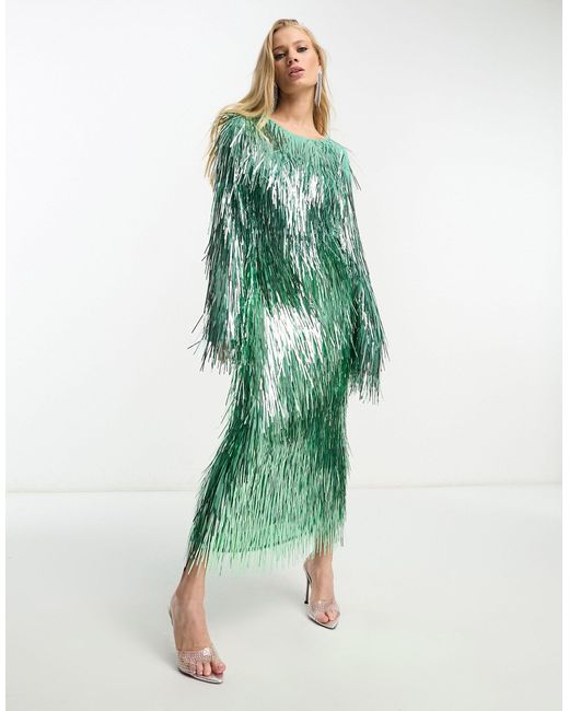 ASOS Metallic Fringe Midi Skirt Co-ord in Green | Lyst
