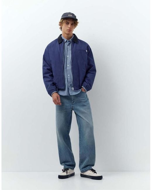 Pull&Bear Blue Jacket With Contrast Collar for men