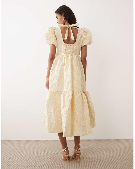 Sister Jane Natural Yarrow Jacquard Puff Sleeve Tiered Midi Dress