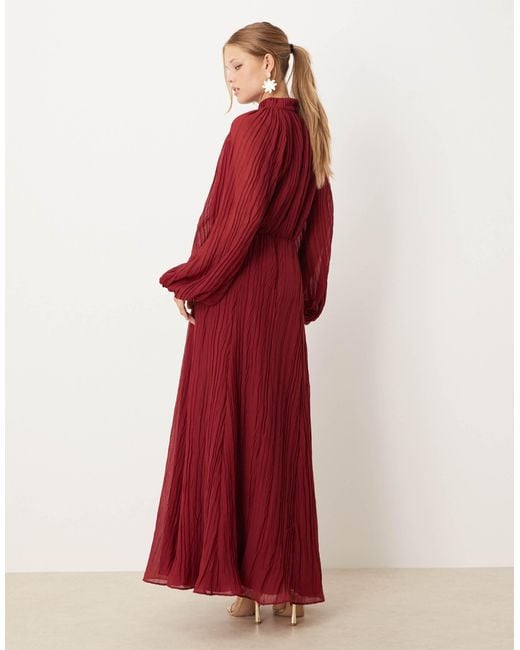 ASOS Red High Neck Crinkle Maxi Dress With Blouson Sleeve