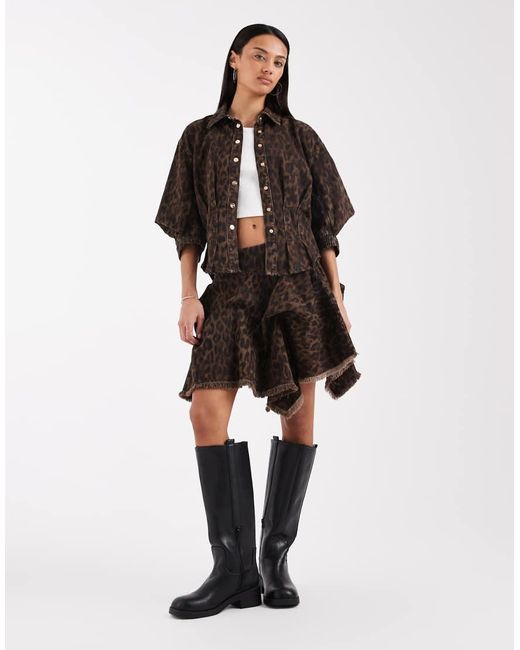 AllSaints Brown Nancy Balloon Sleeve Leopard Print Denim Top