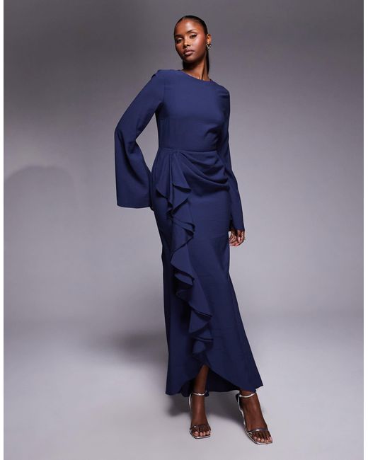 ASOS Long Sleeve Maxi Dress With Ruffle Skirt in Blue | Lyst