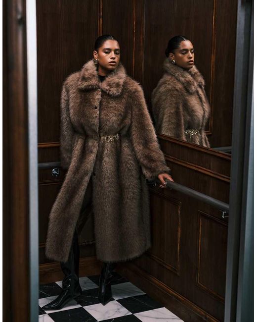 ASOS Brown Asos Design Curve Longline Tipped Faux Fur Car Coat