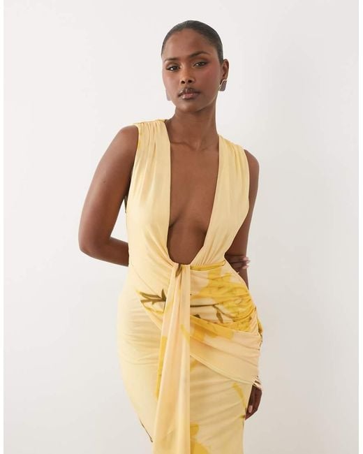 ASOS Natural Scarf Detail Plunge Draped Maxi Dress