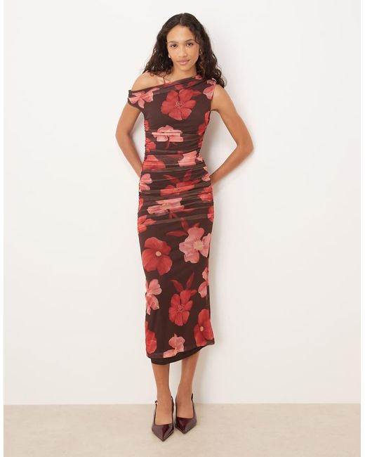 Mango Red Asymmetric Mesh Midi Dress