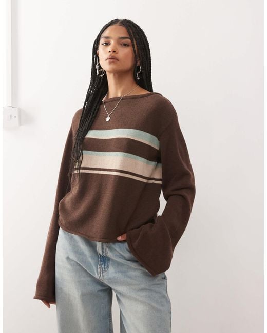 Reclaimed (vintage) Brown Flared Sleeve Knitted Top With Stripe Panel