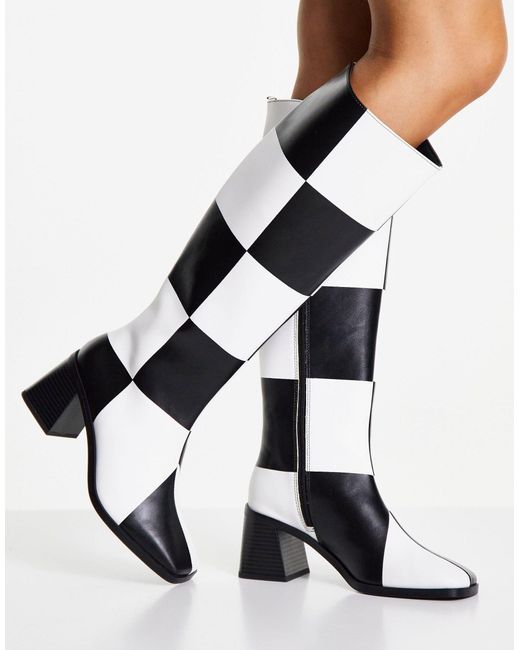 Monki Black Polly Vegan-friendly Checkerboard Knee-high Heeled Boots