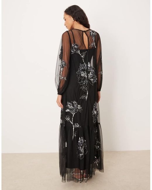 Maya Black Floral Embellished Tulle Overlay Long Sleeve Maxi Dress