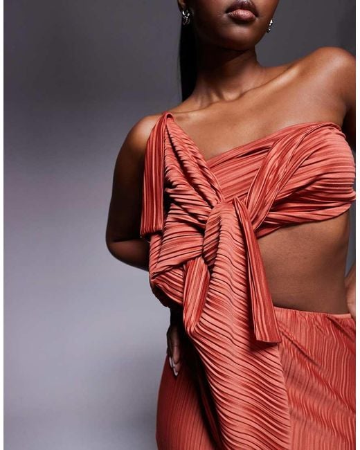 ASOS Red Plisse Cut Out Bandeau Maxi Dress With Twist Detail