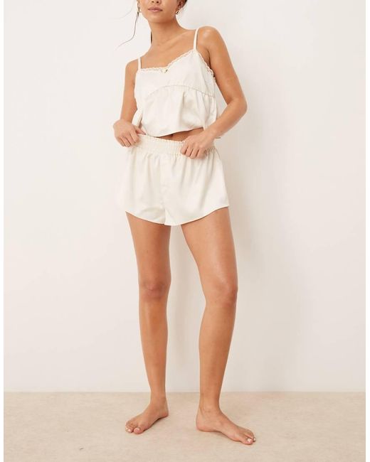 The Frolic Natural Exclusive Cropped Satin Cami Lace Trim Pyjama Top Co-ord