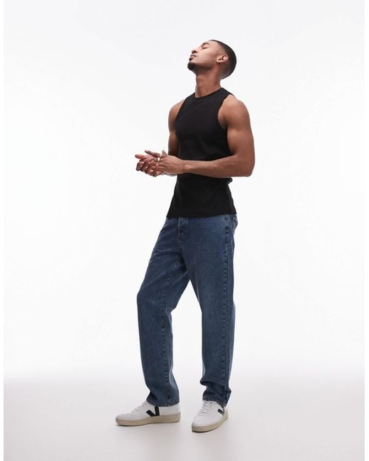 Topman Black Fitted Ribbed Tank Top With High Neck for men