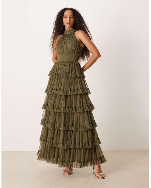 LACE & BEADS Brown High Neck Tiered Tulle Maxi Dress