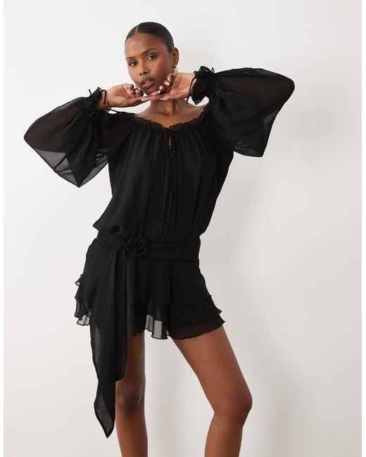 Oh Polly Black Chiffon Off Shoulder Balloon Sleeve Layered Skirt Tie Detail Mini Dress