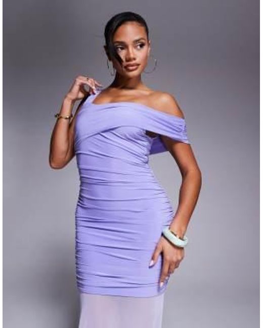 Kaiia Purple Exclusive Double Layered Slinky Asymmetric One Shoulder Sheer Hem Maxi Dress