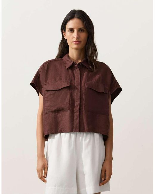 Oysho Brown 100% Linen Collared Shirt With Pockets