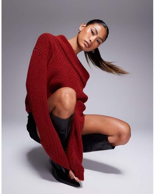 ASOS Red Oversized Knitted Off Shoulder Jumper