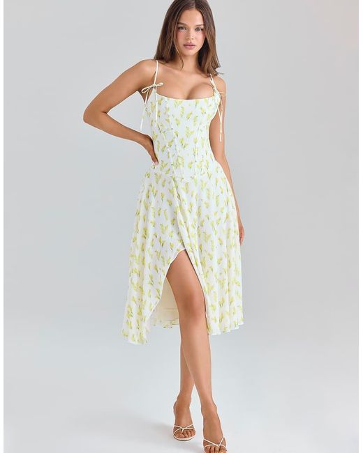 House Of Cb White Yvette Lemon Floral Print Georgette Midi Dress