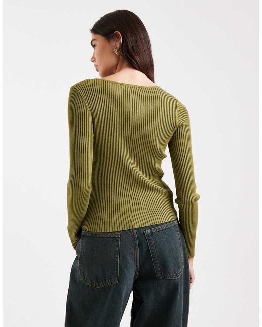 Miss Selfridge Green Knit Rib Slash Neck Long Sleeve Top