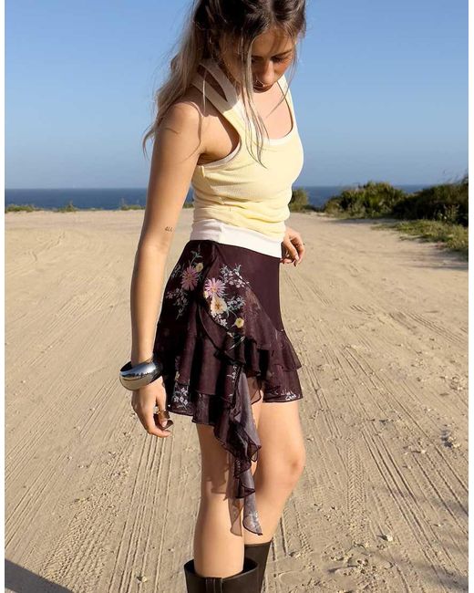 Bershka Blue Printed Ruffled Tulle Mini Skirt
