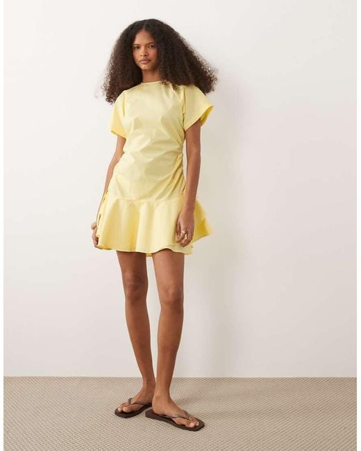 ASOS Natural Poplin Short Sleeve Mini Dress With Ruching Tie Waist Detail