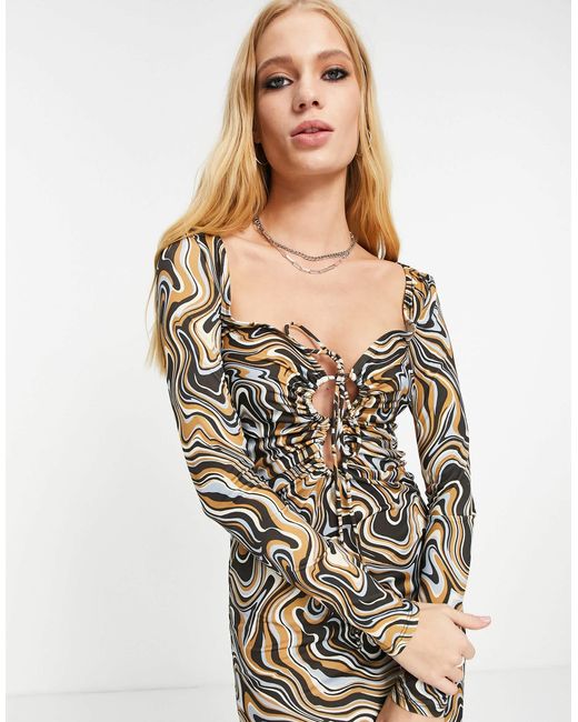 Bershka White Retro Print Loop Front Cut Out Detail Midi Dress