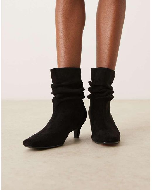 Glamorous Black Kitten Heel Ruched Mid Ankle Boots