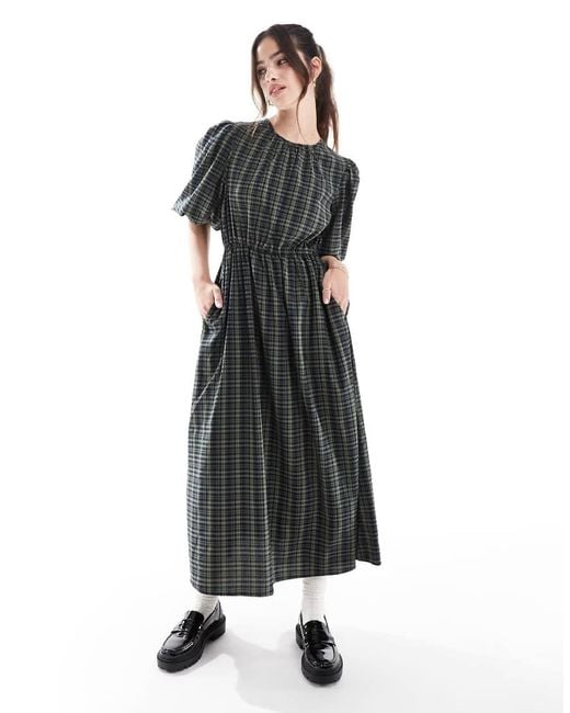 Vestido Midi A Cuadros Con Mangas Abullonadas De Threadbare de color Black