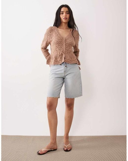 Miss Selfridge Brown Mix Crochet V-neck Peplum Hem Cardigan