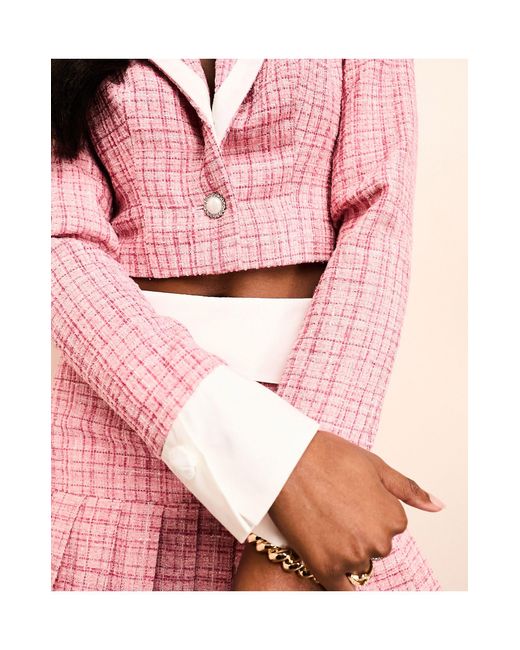 ASOS Pink Co-ord Boucle Crop Blazer With Poplin Collar Detail