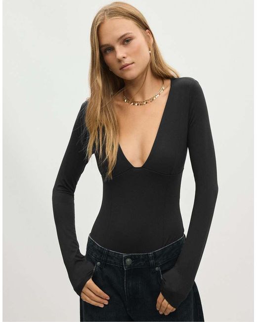 Stradivarius Black V-neck Bodysuit With Under-bust Gathering