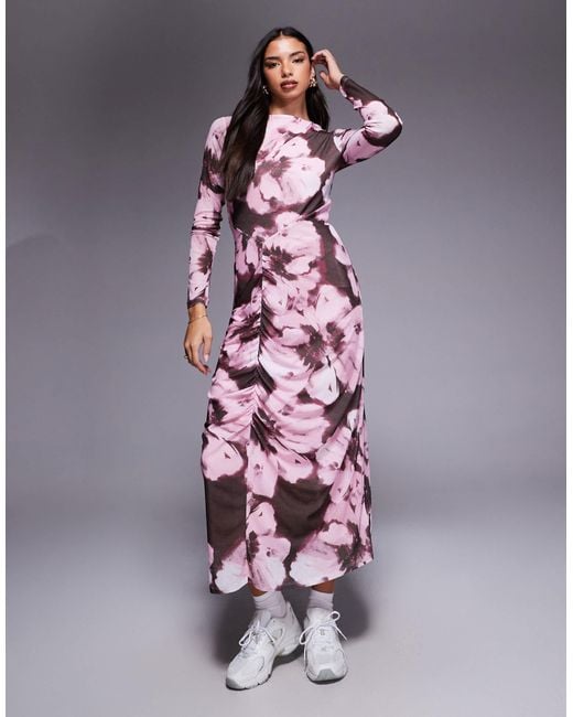 ASOS Purple Mesh Long Sleeve Seam Detail Midi Dress