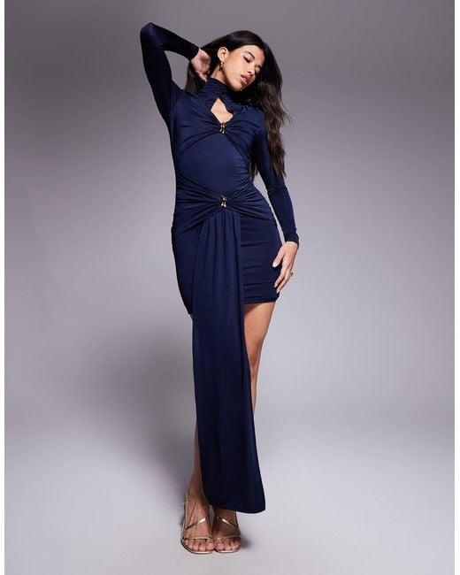 blue dress with yellow accessories JULIA LONG SLEEVE MIDI BLUE DRESS main image 1