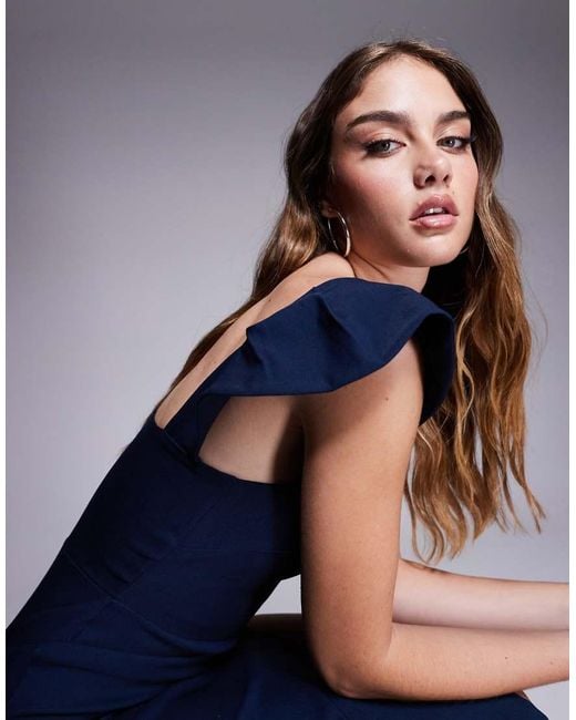 Vesper Blue Bengaline Square Neck Ruffle Sleeve Side Split Midaxi Dress