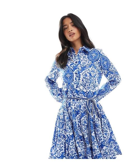 Only Petite Blue Dropped Hem Tie Waist Mini Dress