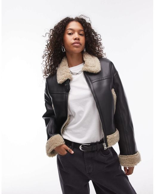 TOPSHOP Black Faux Leather Shearling Fitted Aviator Jacket