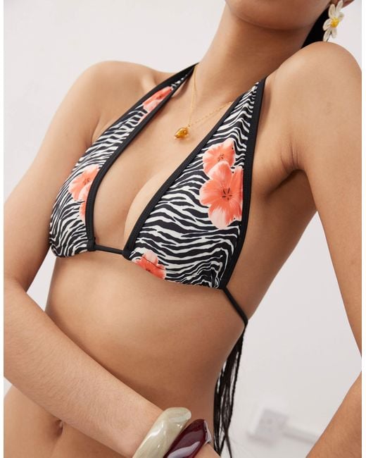 Motel Brown Cerry Floral Zebra Print Bikini Top