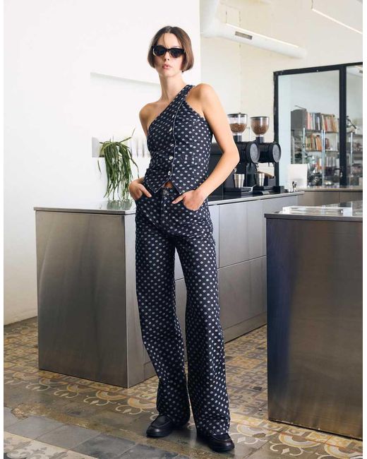 Bershka Blue Asymmetric Polka Dot Denim Top