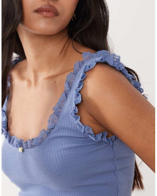 Miss Selfridge Blue Ribbed Vest Top With Lace Detail