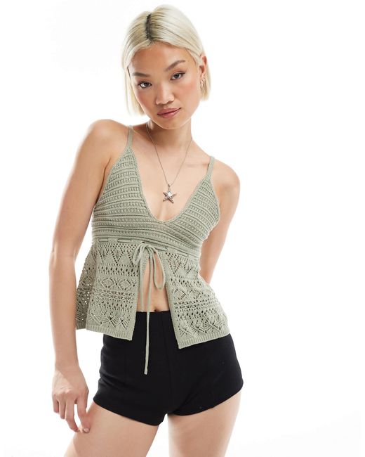 Bershka Green Tie Front Crochet Top