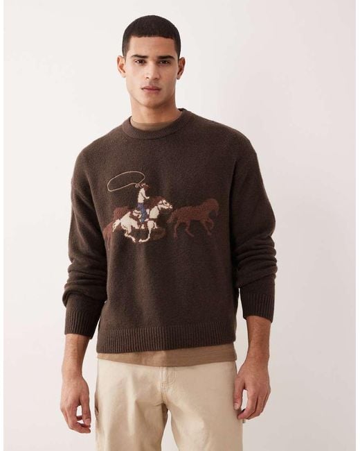 Abercrombie & Fitch Brown Knitted Crew Neck Jumper With Western Graphic for men