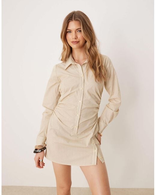 ASOS Natural Cotton Ruched Waist Shirt Mini Dress With Flared Sleeve