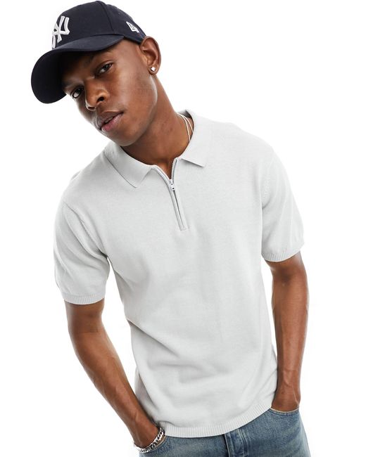 Another Influence White Knitted Zip Polo for men