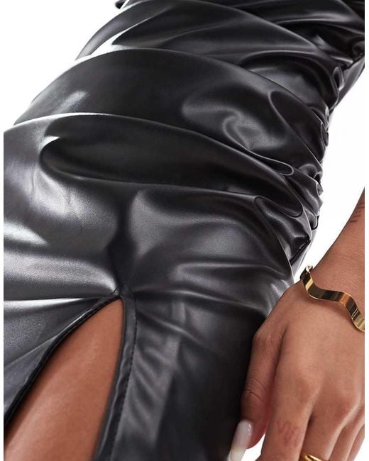 SIMMI Black Simmi Leather Look Ruched Off Shoulder Bodycon Side Split Mini Dress