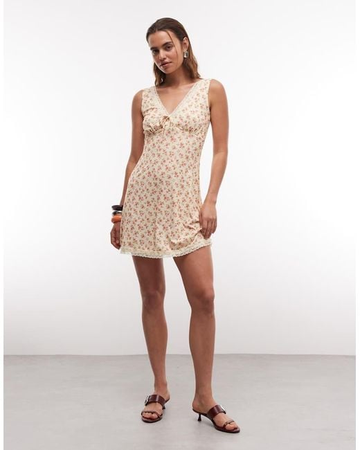 New Look Natural Ditsy Floral Lace Trim Mini Dress