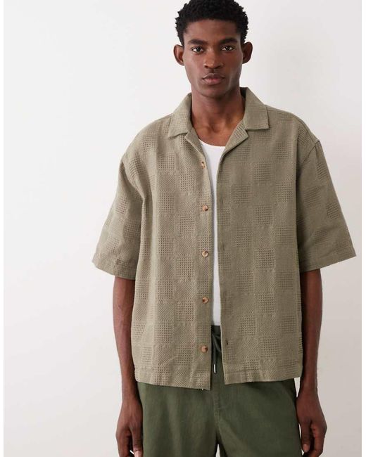 ASOS Natural Oversized Half Sleeve Revere Grid Textured Shirt for men